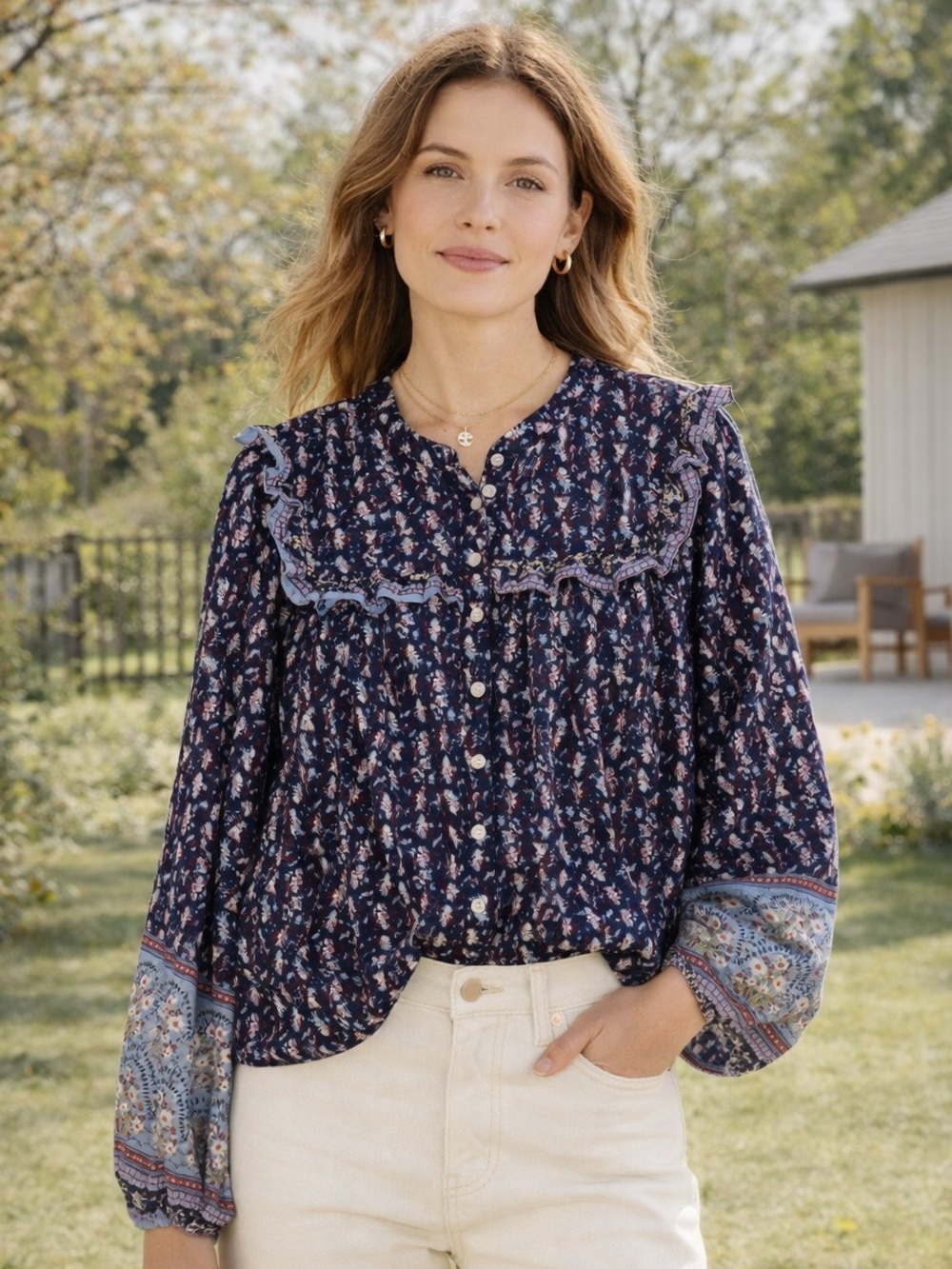 Joie Floral Peasant Blouse Navy Cotton Boho Top XL